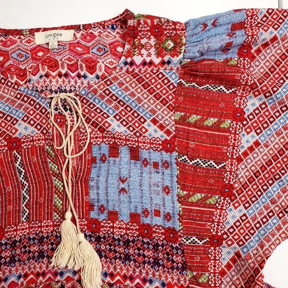 UMGEE Women Mini Dress L Red Tribal Boho 3/4 Sleeve Tassels Cotton Blend… - Picture 5 of 11